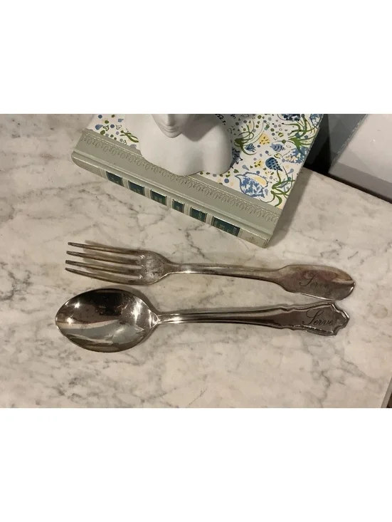 Pottery Barn Silver Serving Fork Spoon Set, Engraved Script, Salad Server