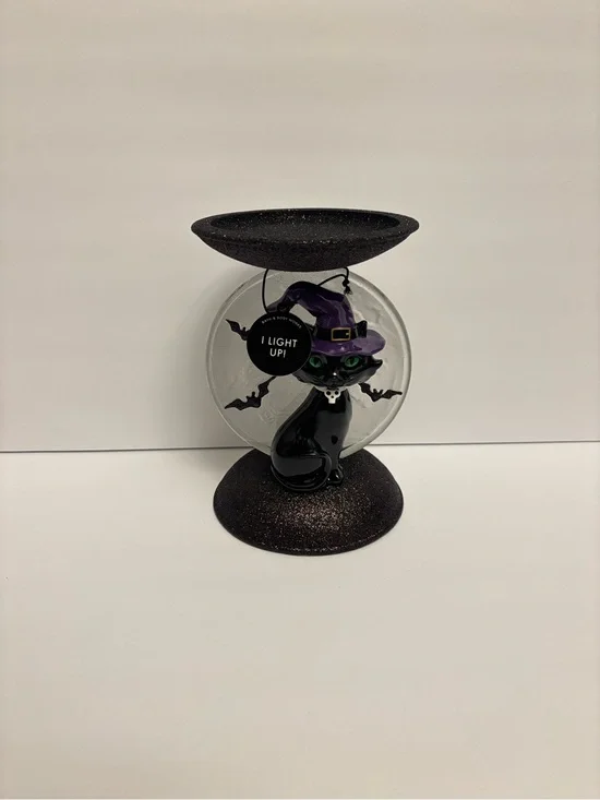 Bath & Body Works Light-up Cat and Moon Pedestal 3-Wick Candle Holder Halloween