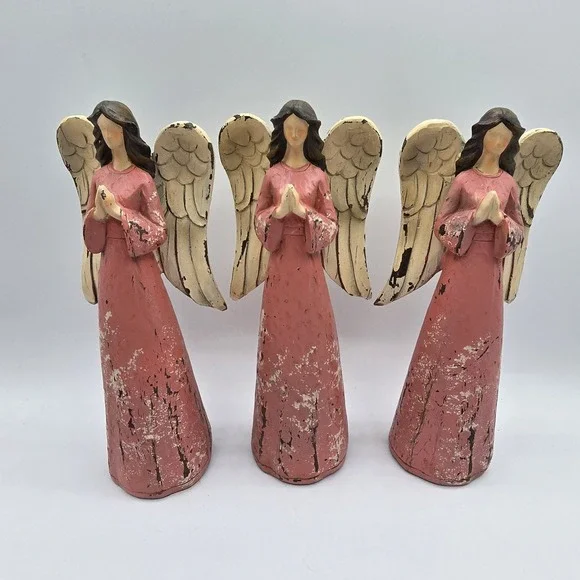 Set Of 3‎ Angel Figurines Pray Pink Praying Rustic Christmas Home Decor