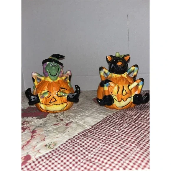 Vintage Ceramic Witch And Black‎ Cat Pumpkin Lot Of 2  , Halloween Decor