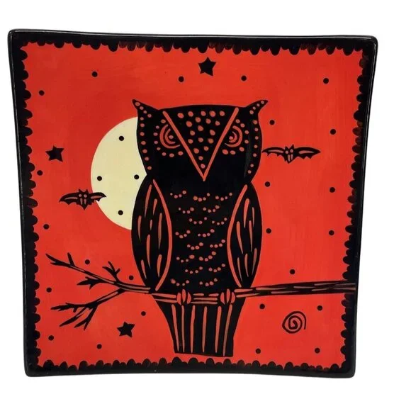 Halloween Owl Bats Square Plate Sharon Bloom Hand‎ Painted 9.75