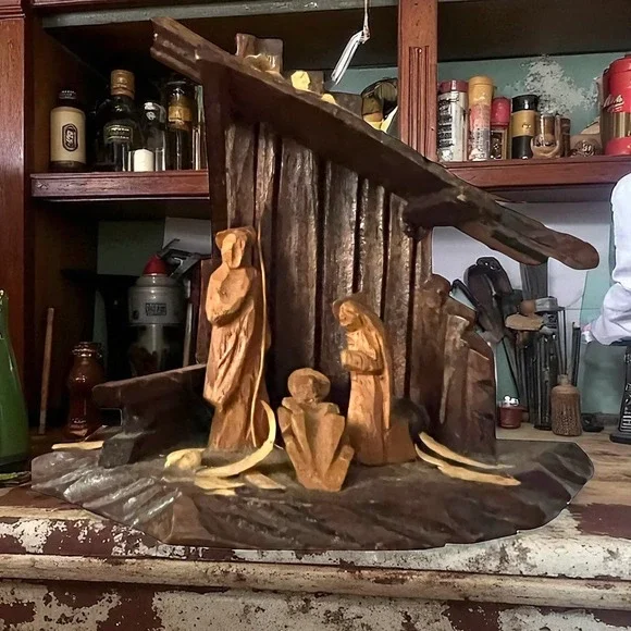 Vintage‎ Rustic Wood Nativity Scene Christmas Religious Wooden Carved Sculpture