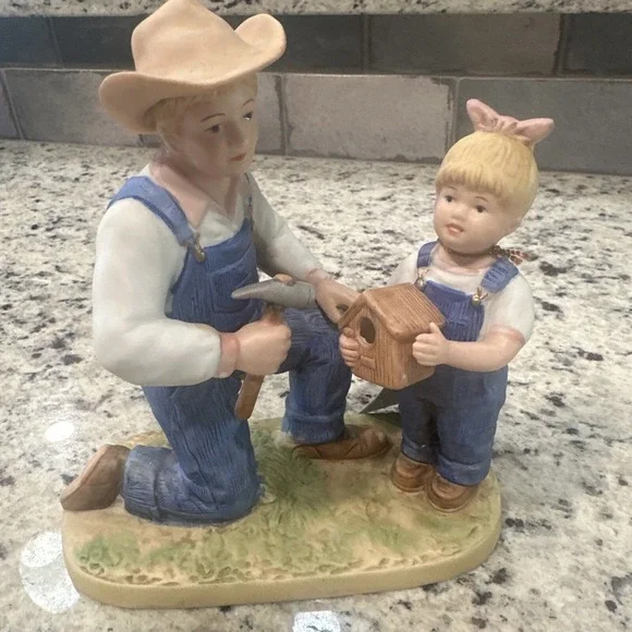 Denim Days Homco 1985 #1515 Debbie and Her Dad Birdhouse Figurine W/tag