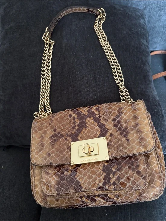 Michael Kors Tan Brown Snake-Print Chain Shoulder Bag