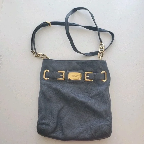 Michael Kors medium casual black and gold leather chain and buckle crossbody bag
