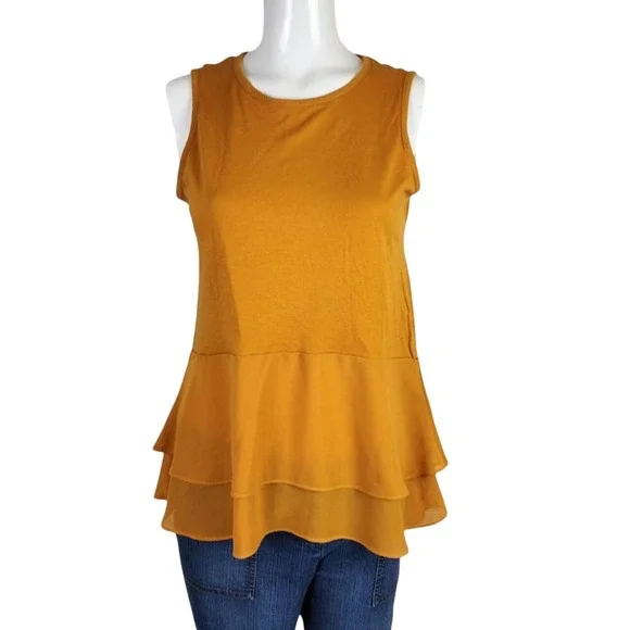 Michael Kors Sleeveless Peplum Blouse Mustard Yellow Tiered Ruffle Top Small