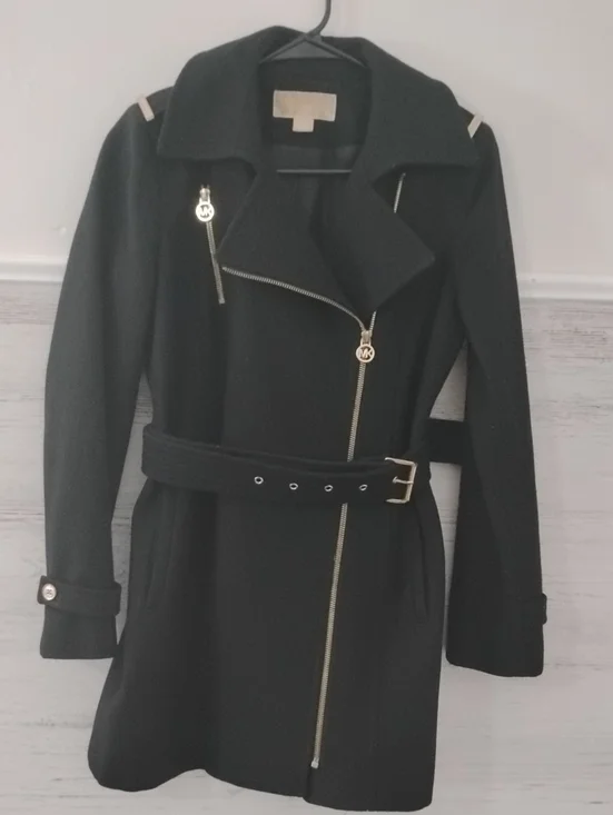 Michael Kors Black Asymmetric Zip Trench Coat with Gold Hardware Size 2P