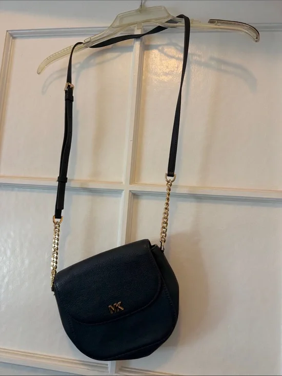 Michael Kors Black Pebbled Leather Saddle Crossbody with Gold Chain