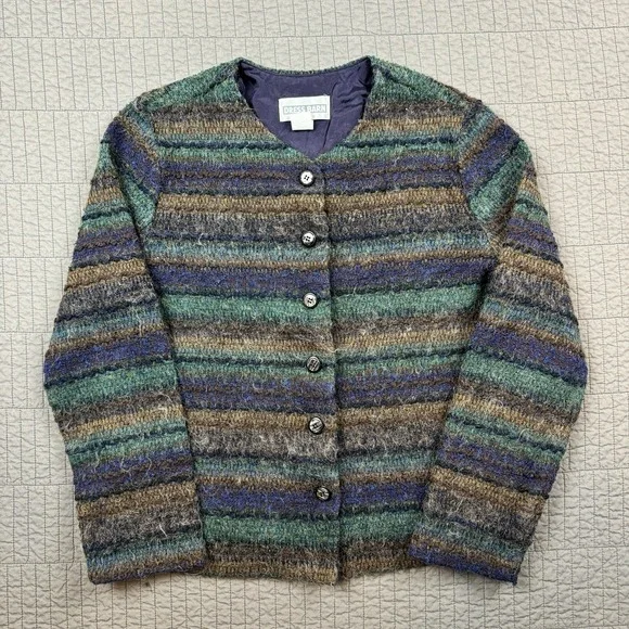 Vintage‎ Mohair Cardigan Sweater Women Large Striped Knit Academia Fisherman 90s
