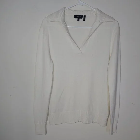 Theory Ivory Slouchy Soft Cashmere Polo V-Neck Sweater Size M