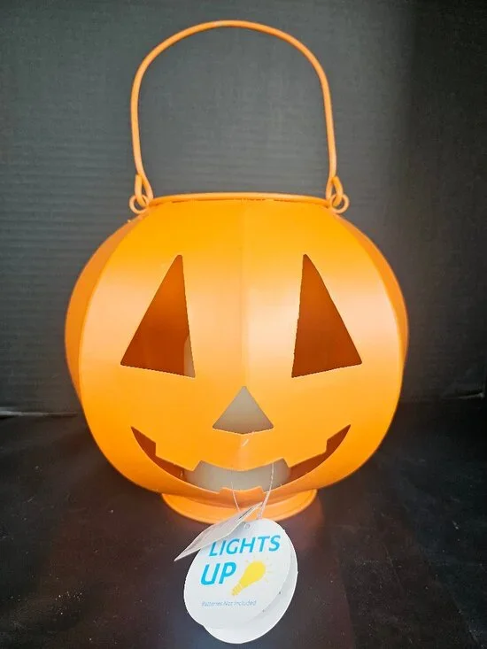 Handcrafted Metal Jack O Lantern With LED Light Festive Orange Halloween Decor