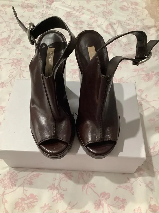 Michael Kors Dark Brown Leather Peep-Toe Slingback Heels