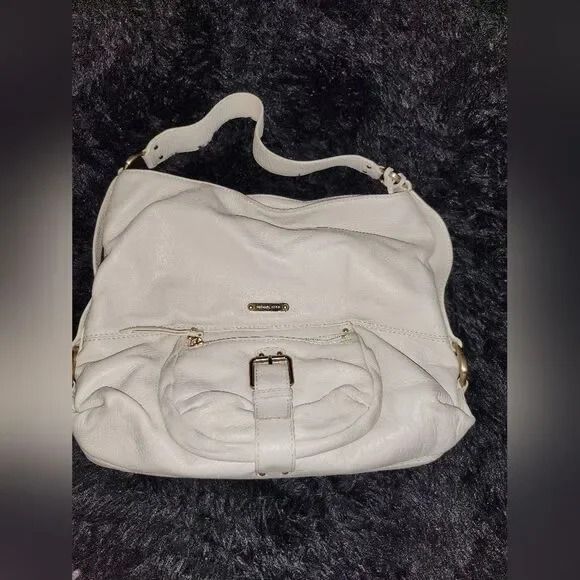Michael Kors Cream Leather Shoulder Hobo with Front Buckle Pocket