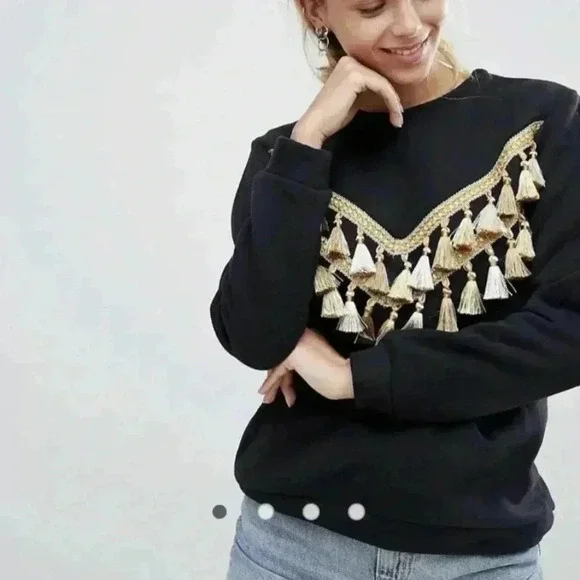 Glamorous Black Sweatshirt with Gold Fringe Tassels Size Xs
