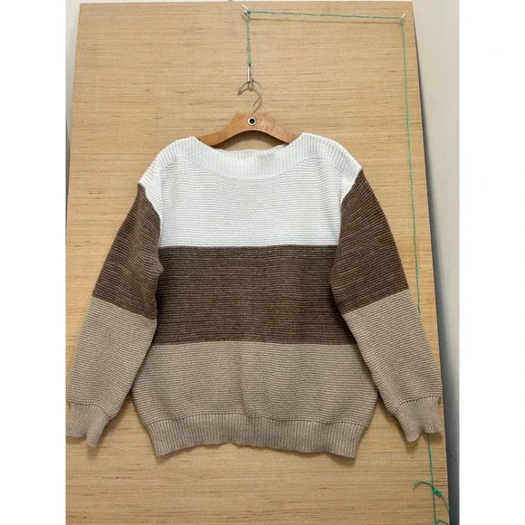 Unbranded Womens XL Colorblock‎ Knit Sweater Brown Tan White Boat Neck Pullover