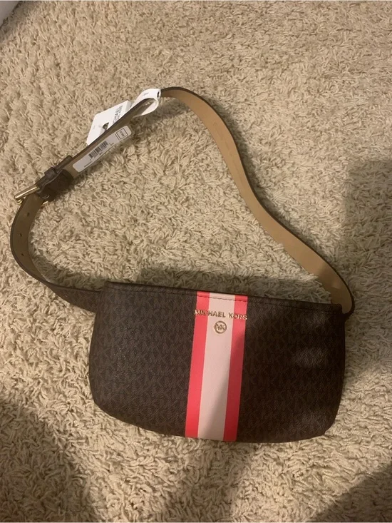 Michael Kors Brown Logo Belt Bag with Pink & Red Center Stripe