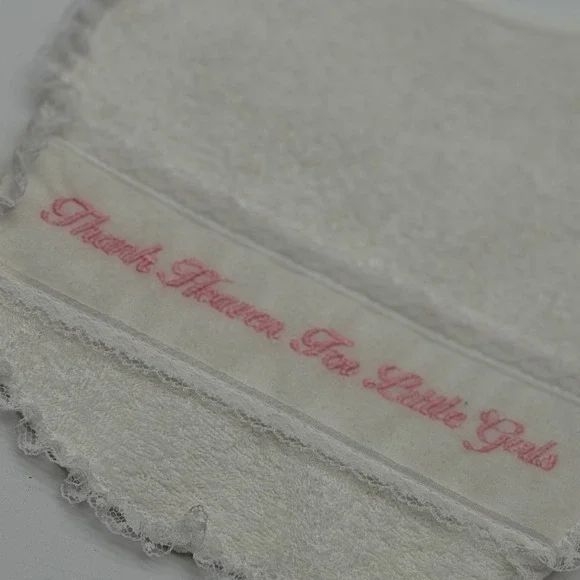 Little Me Vintage Baby Bib Thank Heaven For Little Girls White Lace Trim US Made