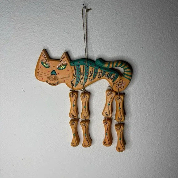 Cat Skeleton Wooden Hand Painted Orange & Turquoise Wind Chime Day Of‎ The Dead