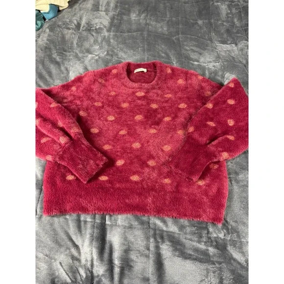 Marine Layer Womens XL Burgundy‎ Fuzzy Eyelash Knit Gold Polka Dot Sweater 5385