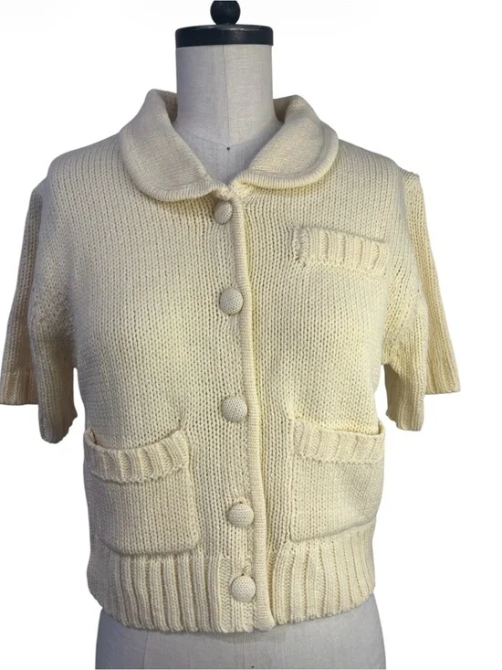 Cream Short-Sleeve Knit Cardigan Sweater Women’s Size L