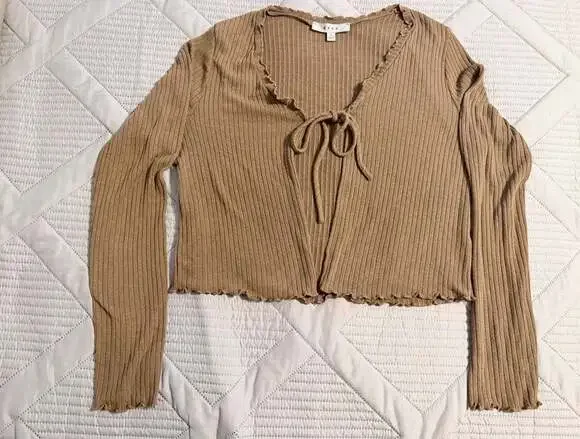 Gaze Brown Ribbed Knit Lettuce-Edge Tie-Front Long Sleeve Crop Cardigan M  AD