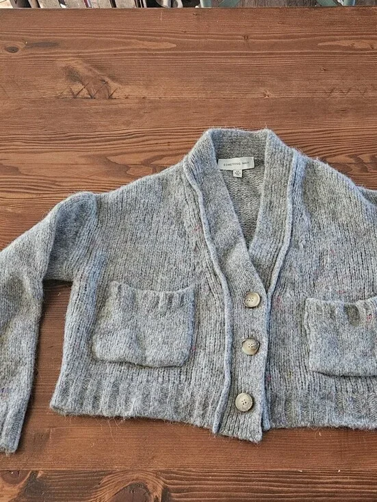 Something Navy Speckled Light Gray Cropped Shawl Collar Cardigan