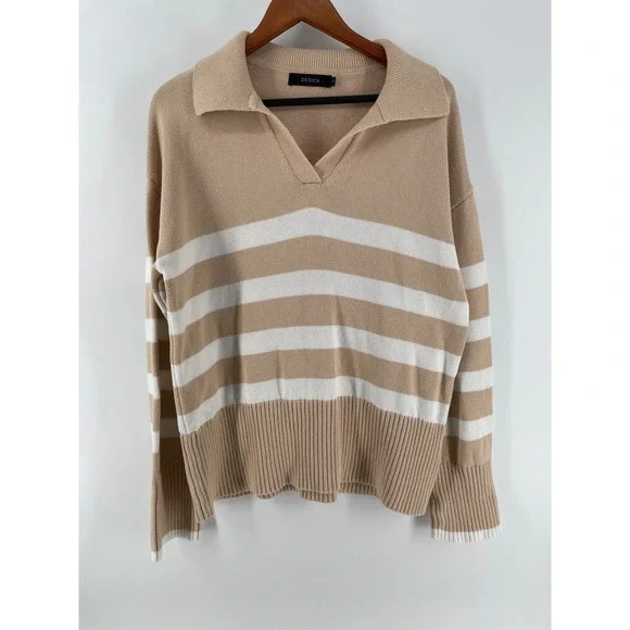 Zesica Nautical Sweater Womens Large‎ Tan White Coastal Preppy Long Sleeve