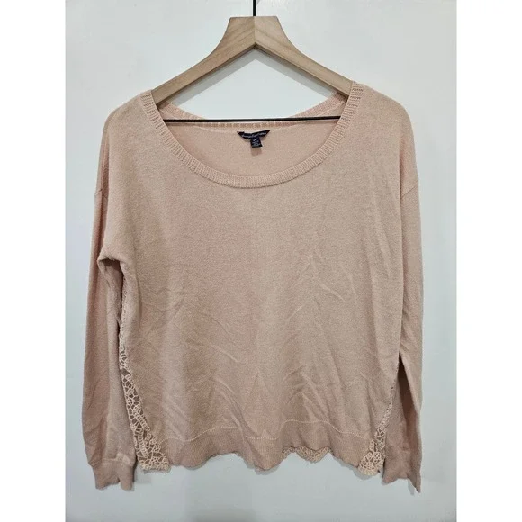 American Eagle Outfitters Women Peach Lace Back‎ Crochet Pullover Sweater Medium