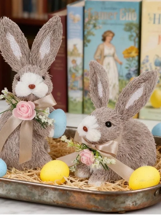 Pair of Easter Bunny Plush Figurines with Pink Rose Accents - Taupe
