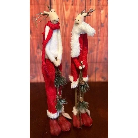 Christmas Whimsical Reindeer Set couple  Figurines  Red Scarf &‎ Pants holiday