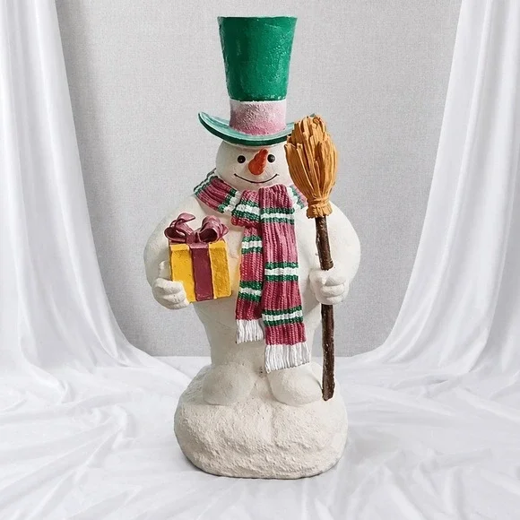 Vintage Flocked Snowman Music Box Christmas Figurine Retro Holiday Decor Working