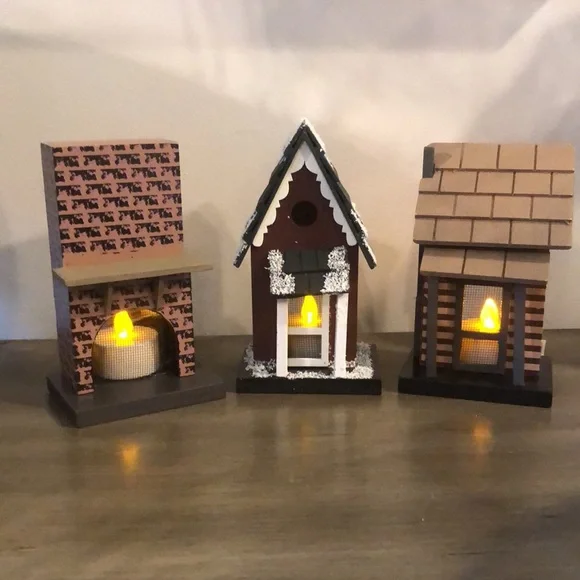 DARICE CRAFTWOOD MINIATURE FIREPLACE, SNOW HOUSE AND LOG HOUSE NIGHT LIGHT