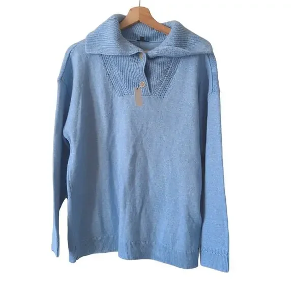Breton Button Collar Pullover Women XL Cotton Blend Knit Sweater Breezy Blue NWT