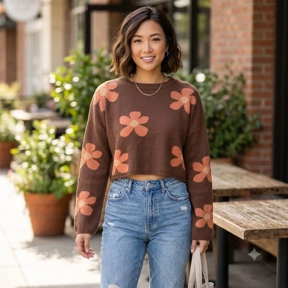 Blue Blush Brown Floral Cropped Cotton Sweater Orange Flowers Long Sleeve