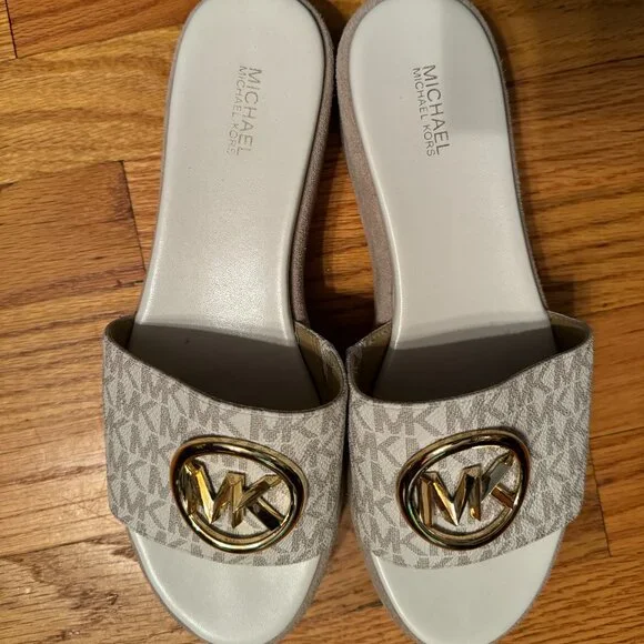 Michael Kors Beige Logo Slide Sandals with Gold Accents