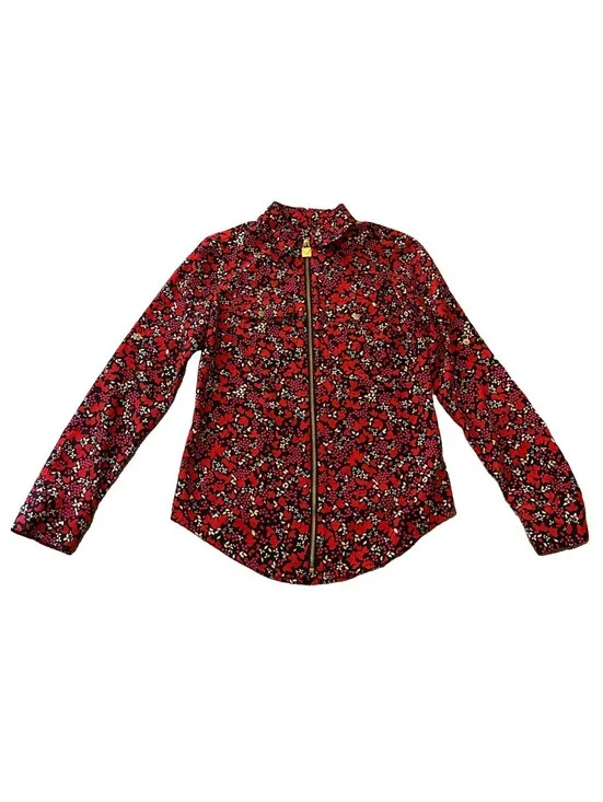 Michael Kors Floral Red Roll-Tab Long Sleeve Zipper Blouse Silver Hardware XXS