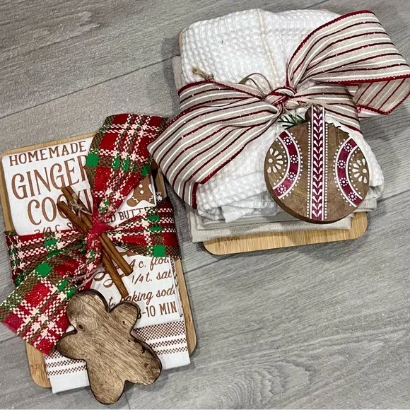 Festive Holiday Cutting Board Gift Set with Dish Towels, Ornament‎ and Ribbon