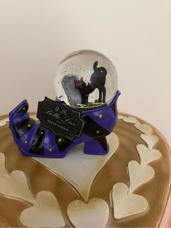 Bella Lux Purple Halloween Witch Shoe Snow Globe with Black Cat & Tombstone