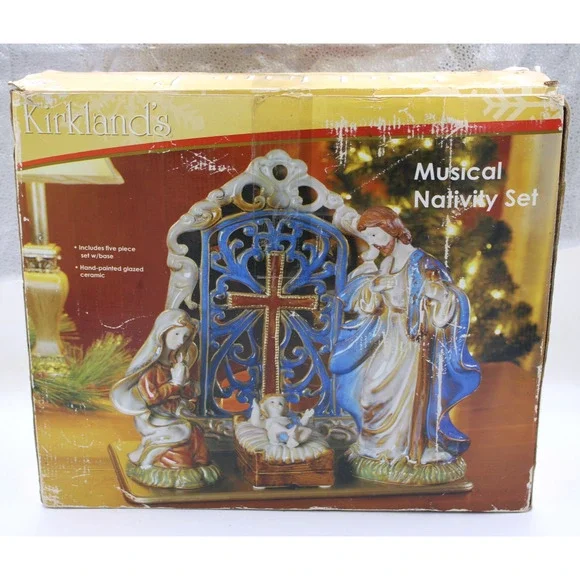 Large Kirkland's Elements Hand Painted Glazed Ceramic Musical Nativity‎ Set
