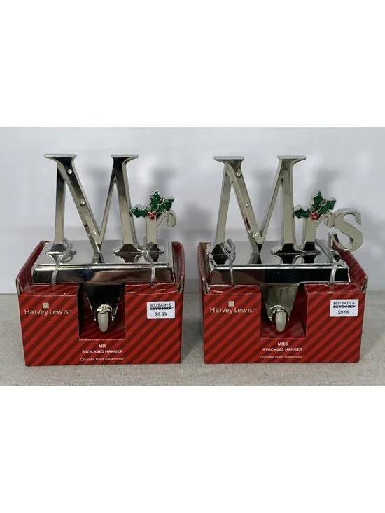 Mr.& Mrs. Stocking Holder Silver Tone w/ Swarovski Crystal Accents Harvey Lewis