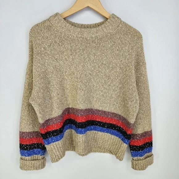 Treasure & Bond Small Striped Marled Knit Crewneck Sweater Tan‎ Red Blue Cozy