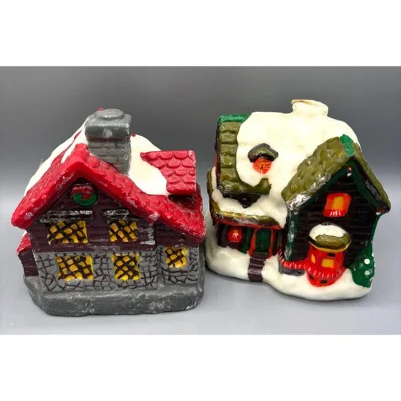 Vtg Candles Wax Snowy‎ Cottage Village Set Of 2 Christmas Décor