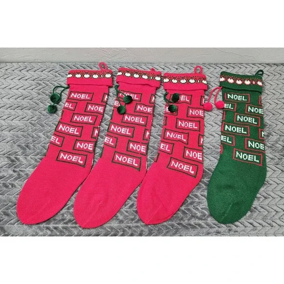 Vintage 4 Knit‎ Pom Pom Christmas Stockings Lot NOEL 3 Red 1 Green Bundle