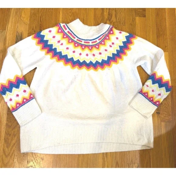 Vince Camuto Fair‎ Isle Mock Neck Sweater White Blue Pink Yellow Women's L