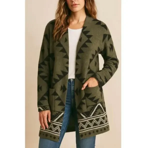 FRYE Western Cardigan Womens Large Olive Black Aztec Cozy Tribal Topper Sweater
