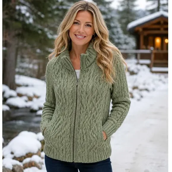Inis Crafts Full Zip Fishermans Cardigan Womens Large Green Merino Wool Sweater