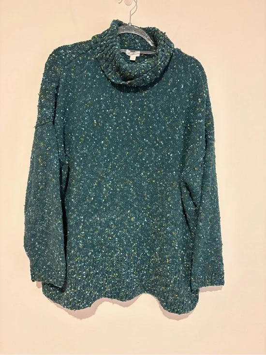 J.Jill Cotton Blend Confetti Tweed Turtleneck Sweater teal green size XL