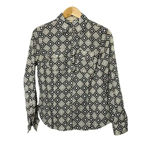 Michael Kors Black & Tan Geometric Print Retro Look Button-Up Shirt Womens Small