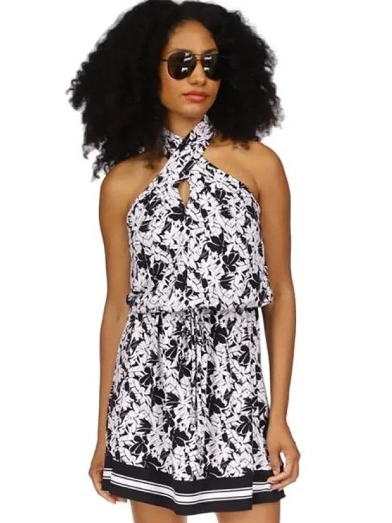 Michael Kors Printed Twist-Neck Halter Dress - Black &‎ White Palm Print 🖤🤍🌴✨