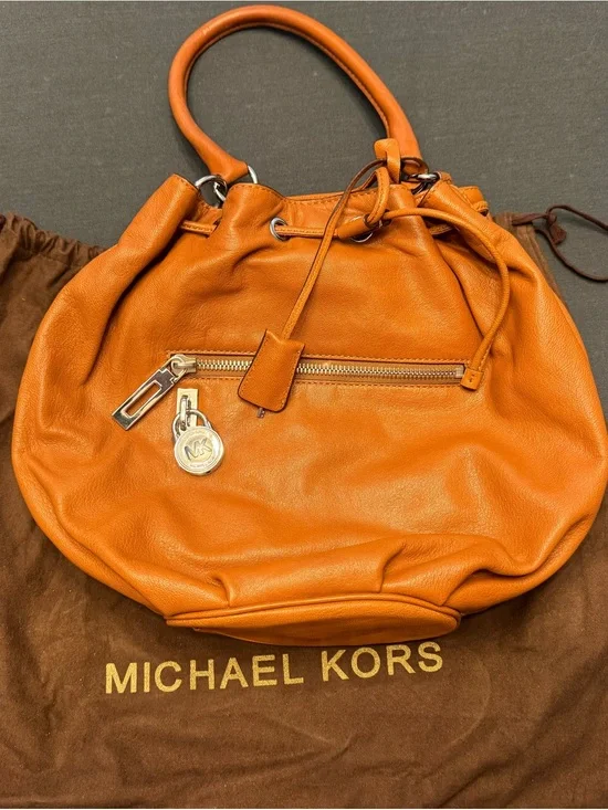 Michael Kors Orange Pebbled Leather Drawstring Hobo with Gold Hardware